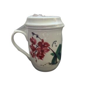 NWT Shen Chia Taiwanese Art Calligraphy Floral Cup With Handle Lid Hot Drink Mug